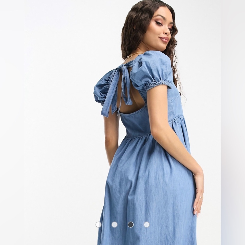 ASOS DESIGN Petite soft denim midi dress with puff sleeve in lightwash blue - Picture 6 of 9